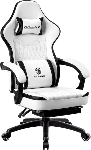 Dowinx Gaming Chair Breathable PU Leather Gamer Chair with Pocket Spring Cushion, Ergonomic Computer Chair with Massage Lumbar Support,Adjustable Swivel Task Chair with Footrest(Black&White)