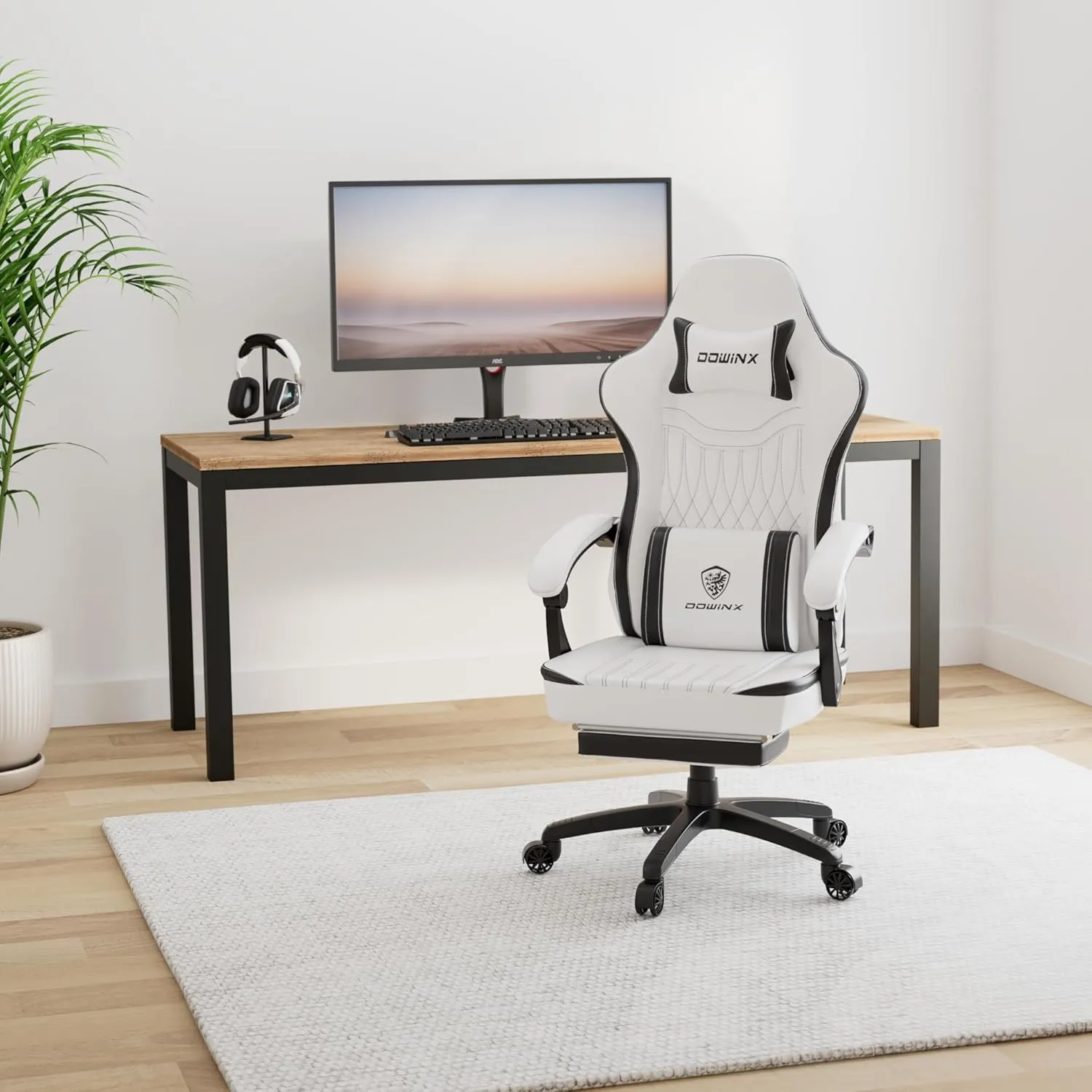 Dowinx Gaming Chair Breathable PU Leather Gamer Chair with Pocket Spring Cushion, Ergonomic Computer Chair with Massage Lumbar Support,Adjustable Swivel Task Chair with Footrest(Black&White)