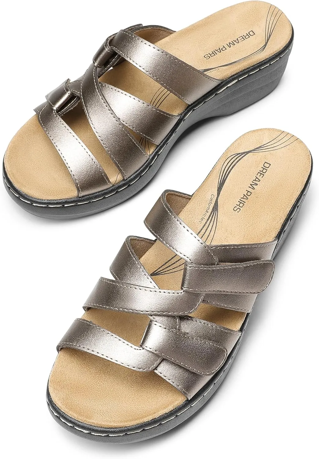 DREAM PAIRS Women's Arch Support Slide Sandals Adjustable Straps Slip On Wedge Sandals Casual Comfort Lightweight Flat Slides