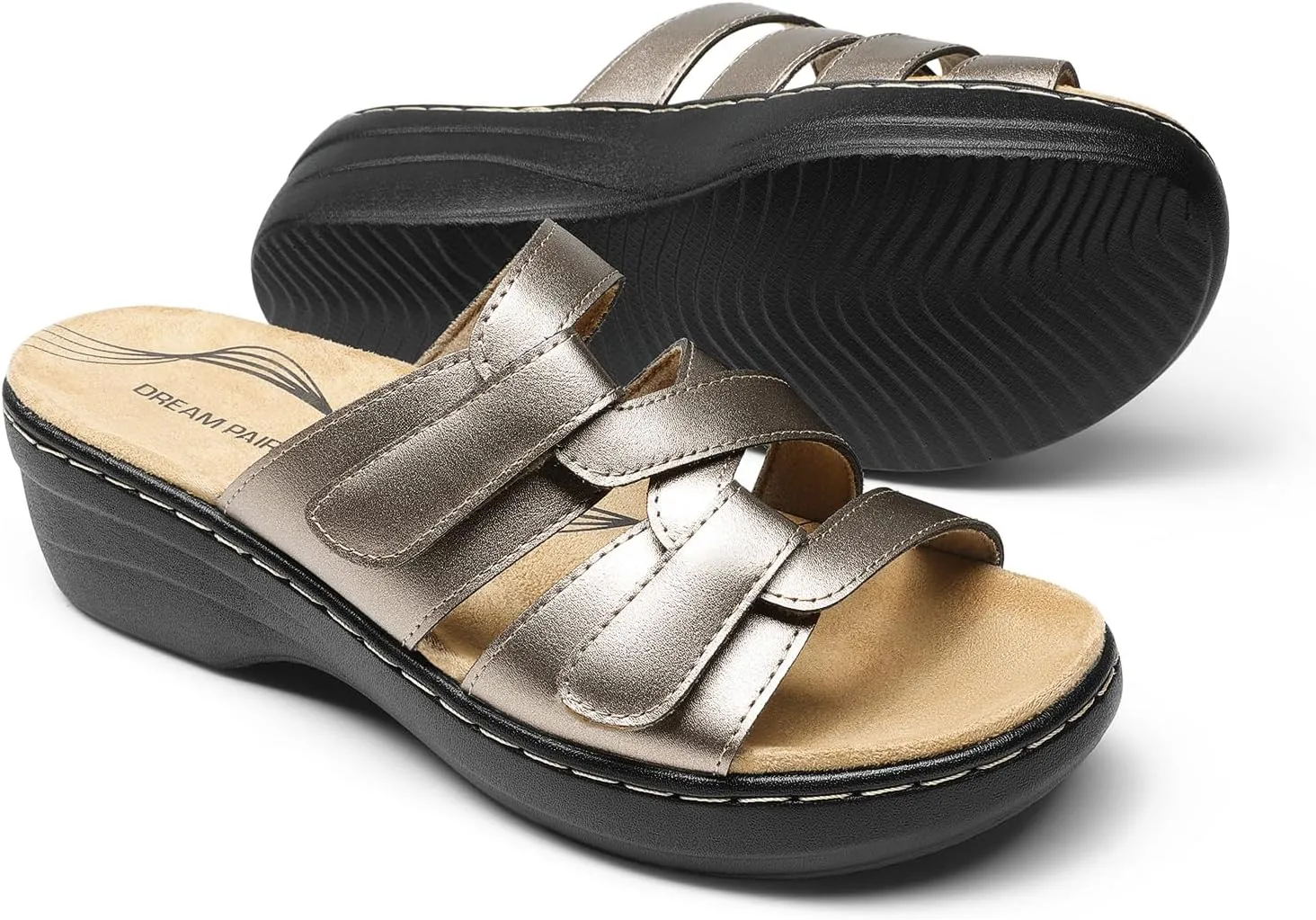 DREAM PAIRS Women's Arch Support Slide Sandals Adjustable Straps Slip On Wedge Sandals Casual Comfort Lightweight Flat Slides