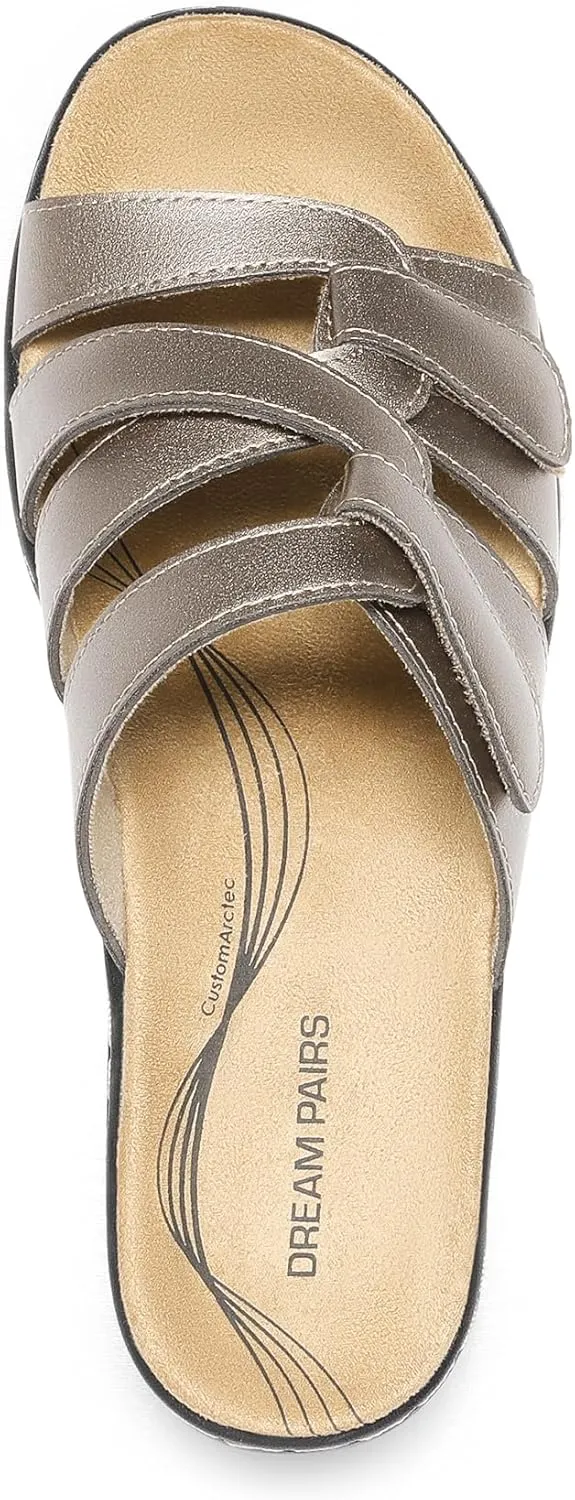 DREAM PAIRS Women's Arch Support Slide Sandals Adjustable Straps Slip On Wedge Sandals Casual Comfort Lightweight Flat Slides