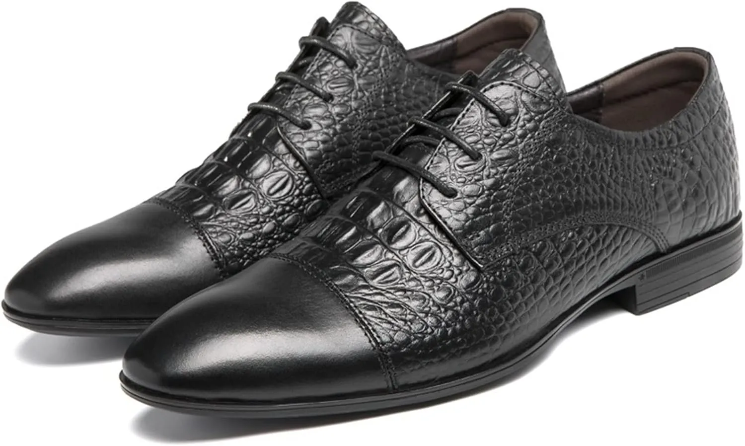 Dress Shoes for Men Lace Up Crocodile Print Derby Shoes Round Cap Toe Leather Non Slip Block Heel Anti-Slip Low Top Slip Resistant Wedding