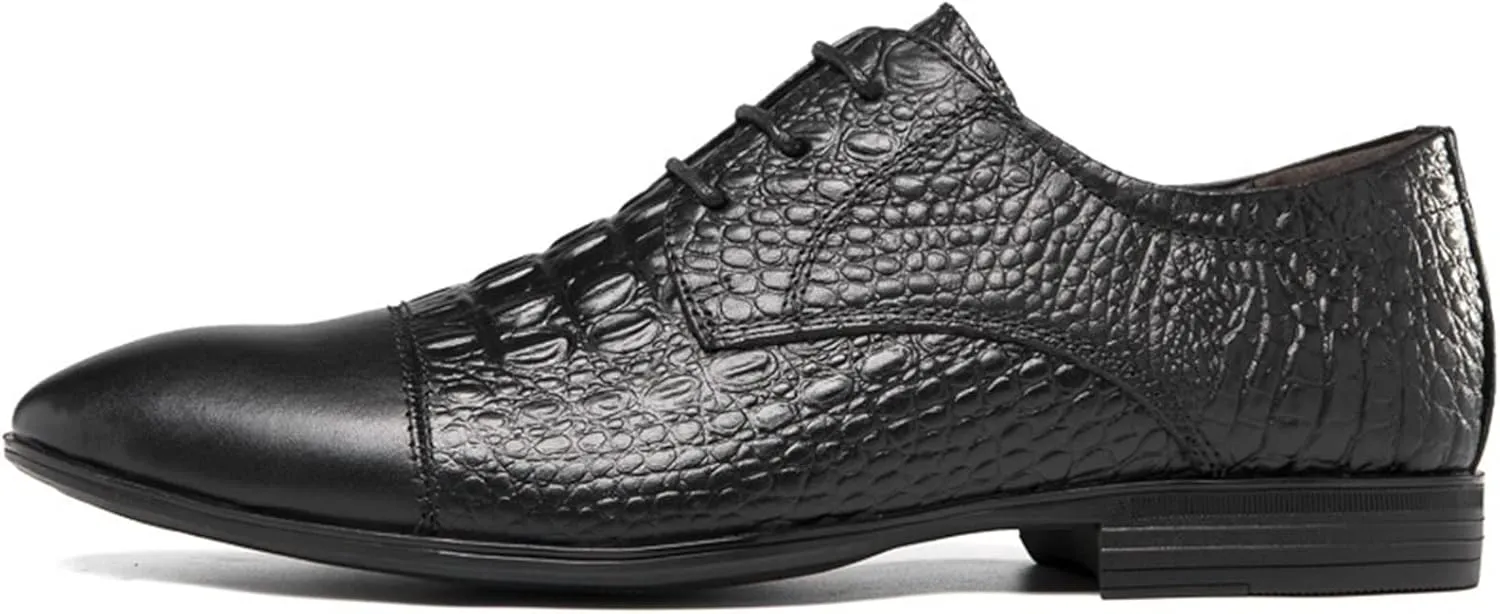 Dress Shoes for Men Lace Up Crocodile Print Derby Shoes Round Cap Toe Leather Non Slip Block Heel Anti-Slip Low Top Slip Resistant Wedding