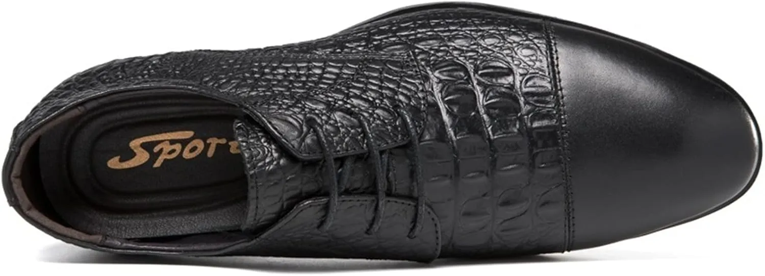 Dress Shoes for Men Lace Up Crocodile Print Derby Shoes Round Cap Toe Leather Non Slip Block Heel Anti-Slip Low Top Slip Resistant Wedding
