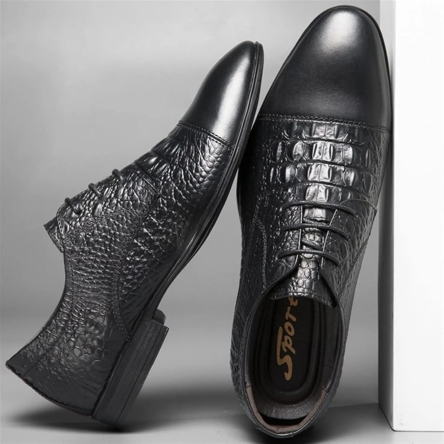 Dress Shoes for Men Lace Up Crocodile Print Derby Shoes Round Cap Toe Leather Non Slip Block Heel Anti-Slip Low Top Slip Resistant Wedding