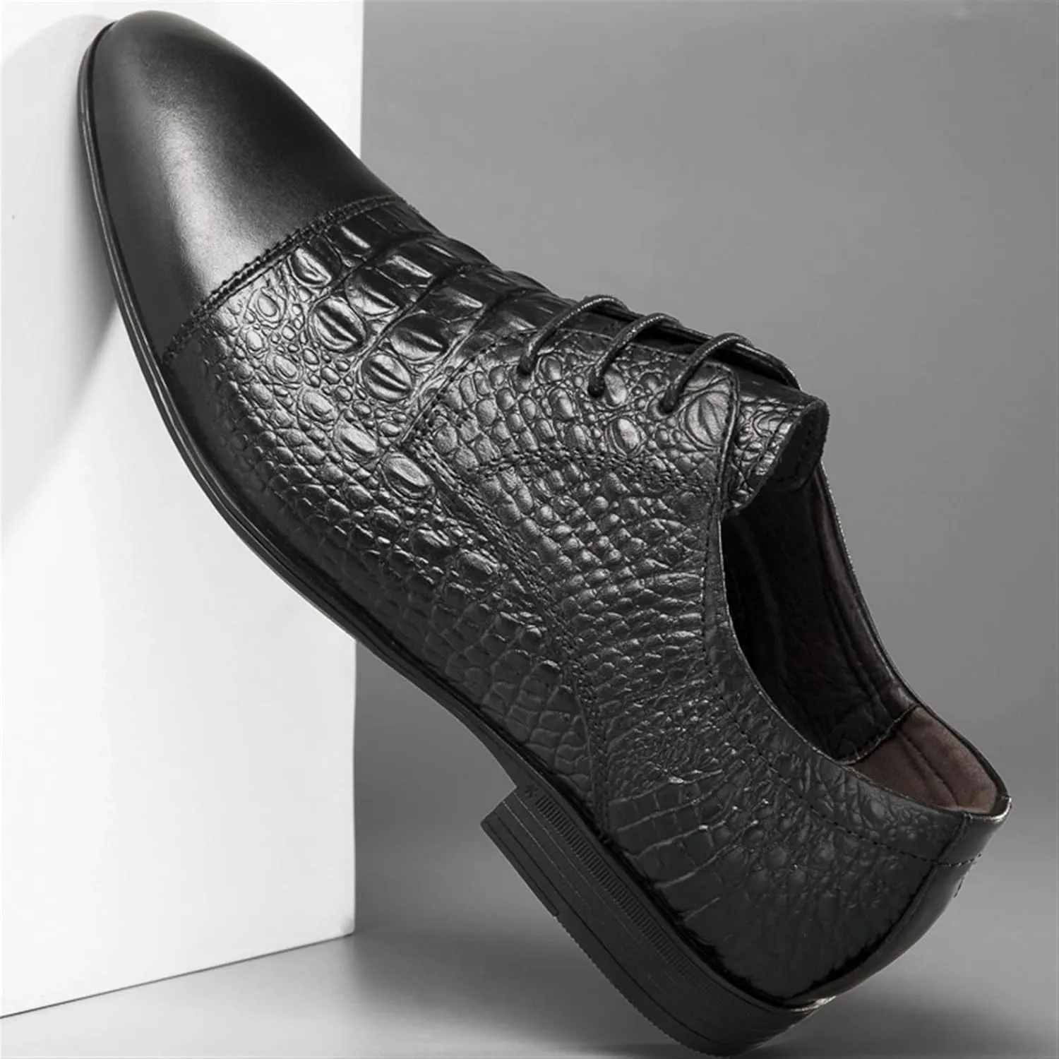 Dress Shoes for Men Lace Up Crocodile Print Derby Shoes Round Cap Toe Leather Non Slip Block Heel Anti-Slip Low Top Slip Resistant Wedding