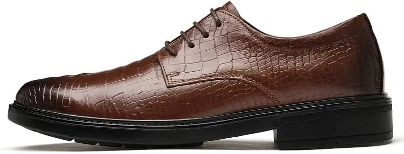 Dress Shoes for Men Lace Up Round Burnished Toe Patchwork Leather Crocodile Print Derby Shoes Rubber Sole Slip Resistant Block Heel Prom