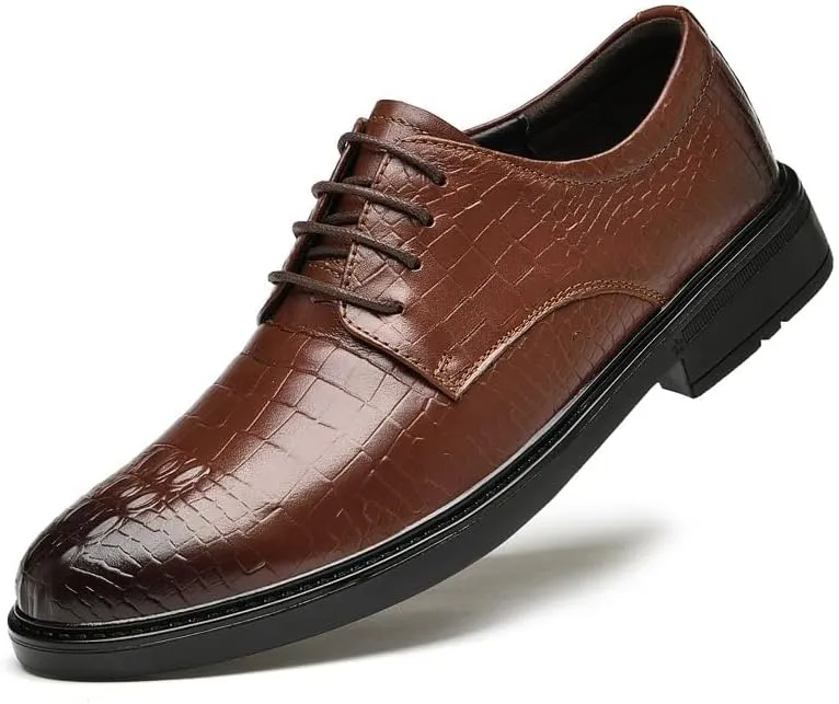 Dress Shoes for Men Lace Up Round Burnished Toe Patchwork Leather Crocodile Print Derby Shoes Rubber Sole Slip Resistant Block Heel Prom