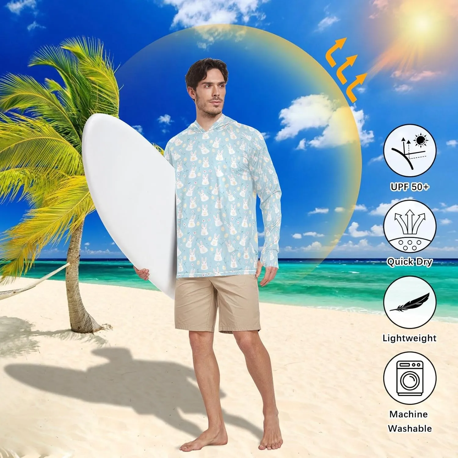 Easter Men's Sun Protection Hoodie Long Sleeve Sun Shirt with Hood UPF 50  Cooling Hoodies Rash Guard Shirts for Men UV