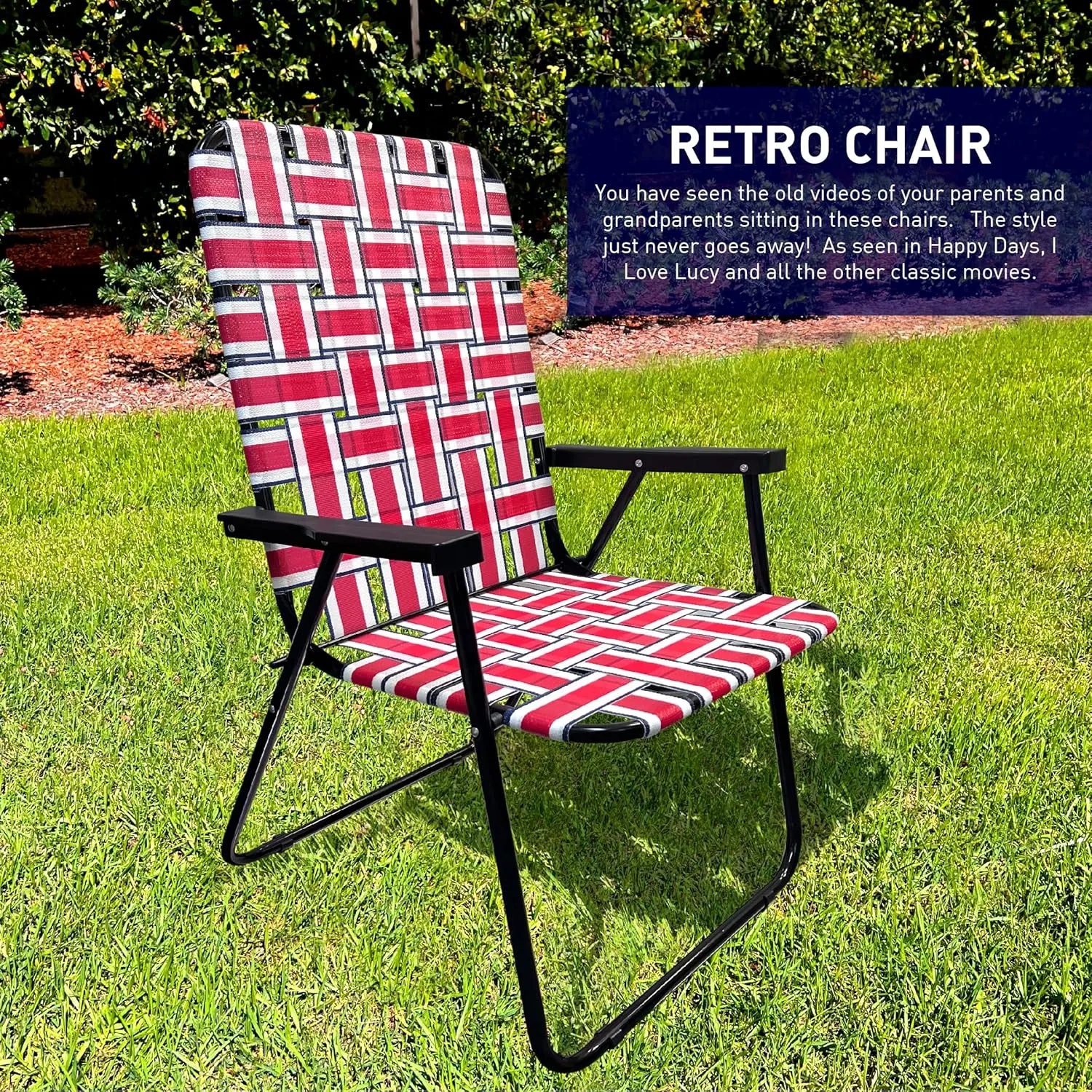 EasyGo Product Lawn Chair Folding Steel Webbing Chaise Patio Lounger Seat Wood Handles for Camping, Beach, Fishing, Backyard, Stadium, Pool, Boating, and Sports, 1 Pack Red/Blue Stripes