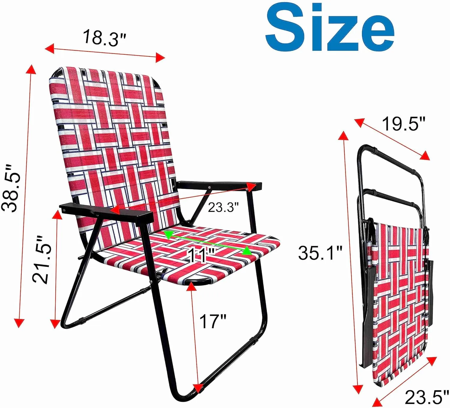 EasyGo Product Lawn Chair Folding Steel Webbing Chaise Patio Lounger Seat Wood Handles for Camping, Beach, Fishing, Backyard, Stadium, Pool, Boating, and Sports, 1 Pack Red/Blue Stripes