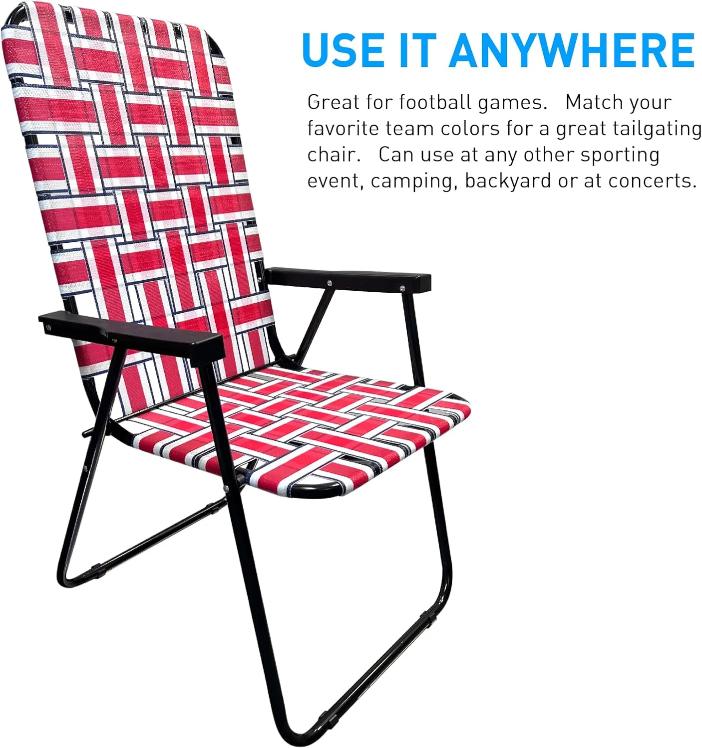 EasyGo Product Lawn Chair Folding Steel Webbing Chaise Patio Lounger Seat Wood Handles for Camping, Beach, Fishing, Backyard, Stadium, Pool, Boating, and Sports, 1 Pack Red/Blue Stripes