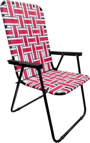 EasyGo Product Lawn Chair Folding Steel Webbing Chaise Patio Lounger Seat Wood Handles for Camping, Beach, Fishing, Backyard, Stadium, Pool, Boating, and Sports, 1 Pack Red/Blue Stripes