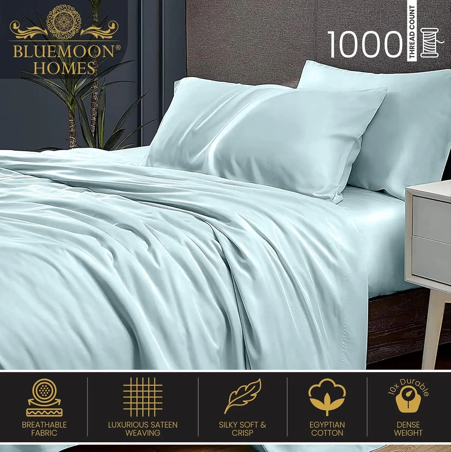 Egyptian Cotton Sheets King Size Bed, Comfort 1000 Thread Count King Sheet Set, Ultra-Soft, Breathable Deep Pocket King Bed Sheets Hotel Quality Luxury Bed Linen Set- Aqua Blue
