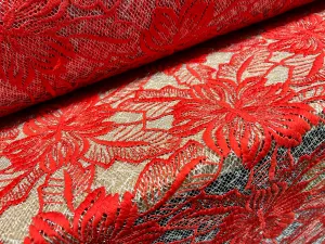 Embroidered chemical lace fabric, per metre - flower design - red