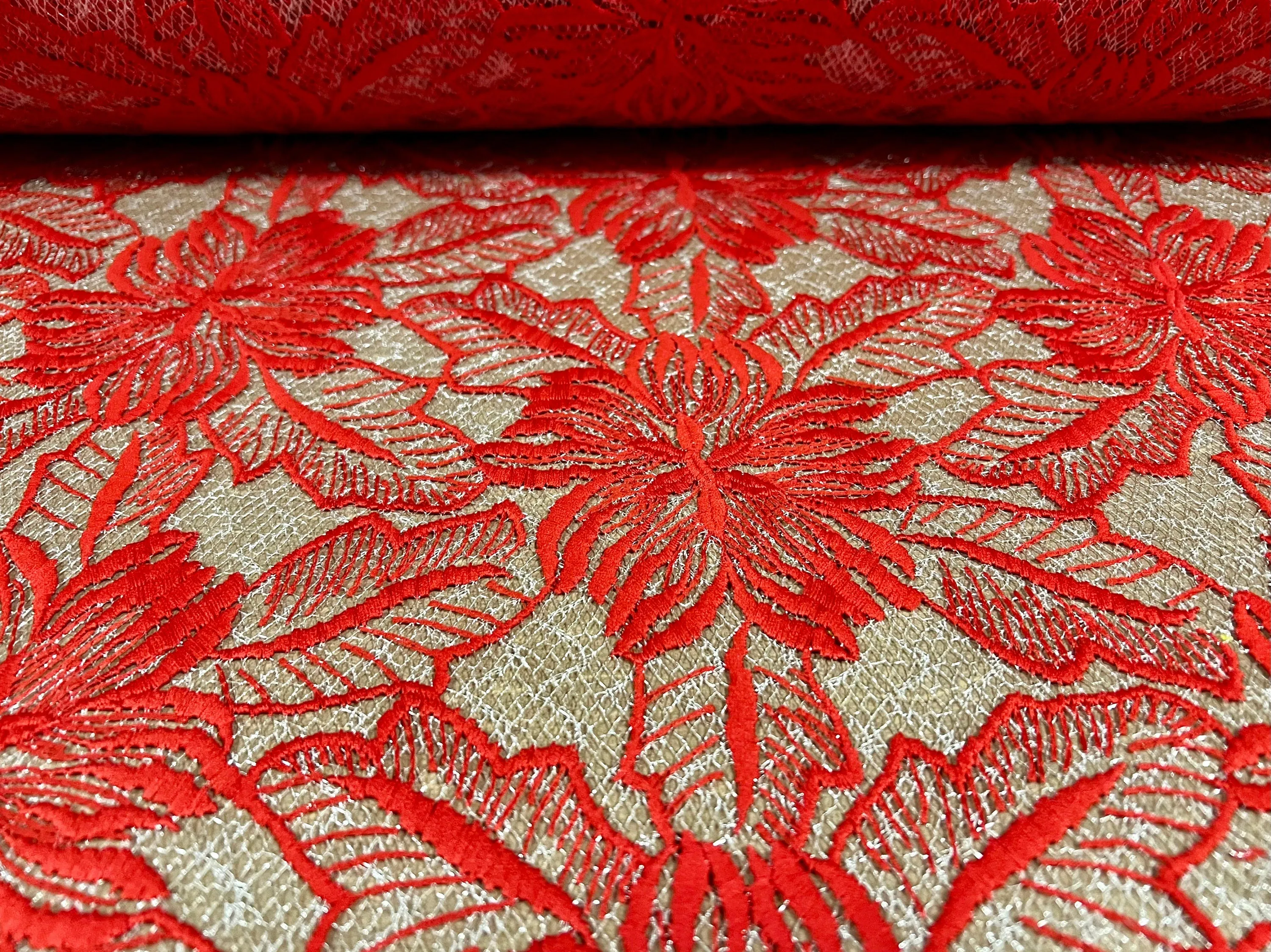 Embroidered chemical lace fabric, per metre - flower design - red