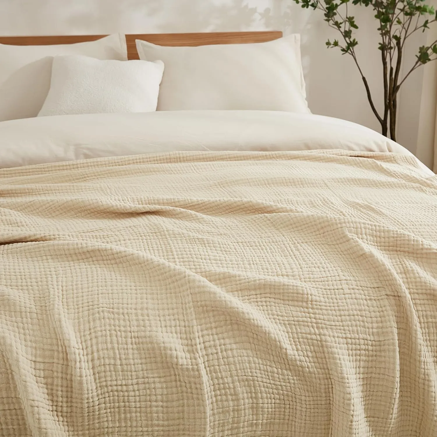 EMME Cotton Throw Blanket Large 50"x70" Gifts for Women 100% Muslin for Couch Breathable Gauze All Season Soft and Lightweight Pre-Washed (Light Tan)