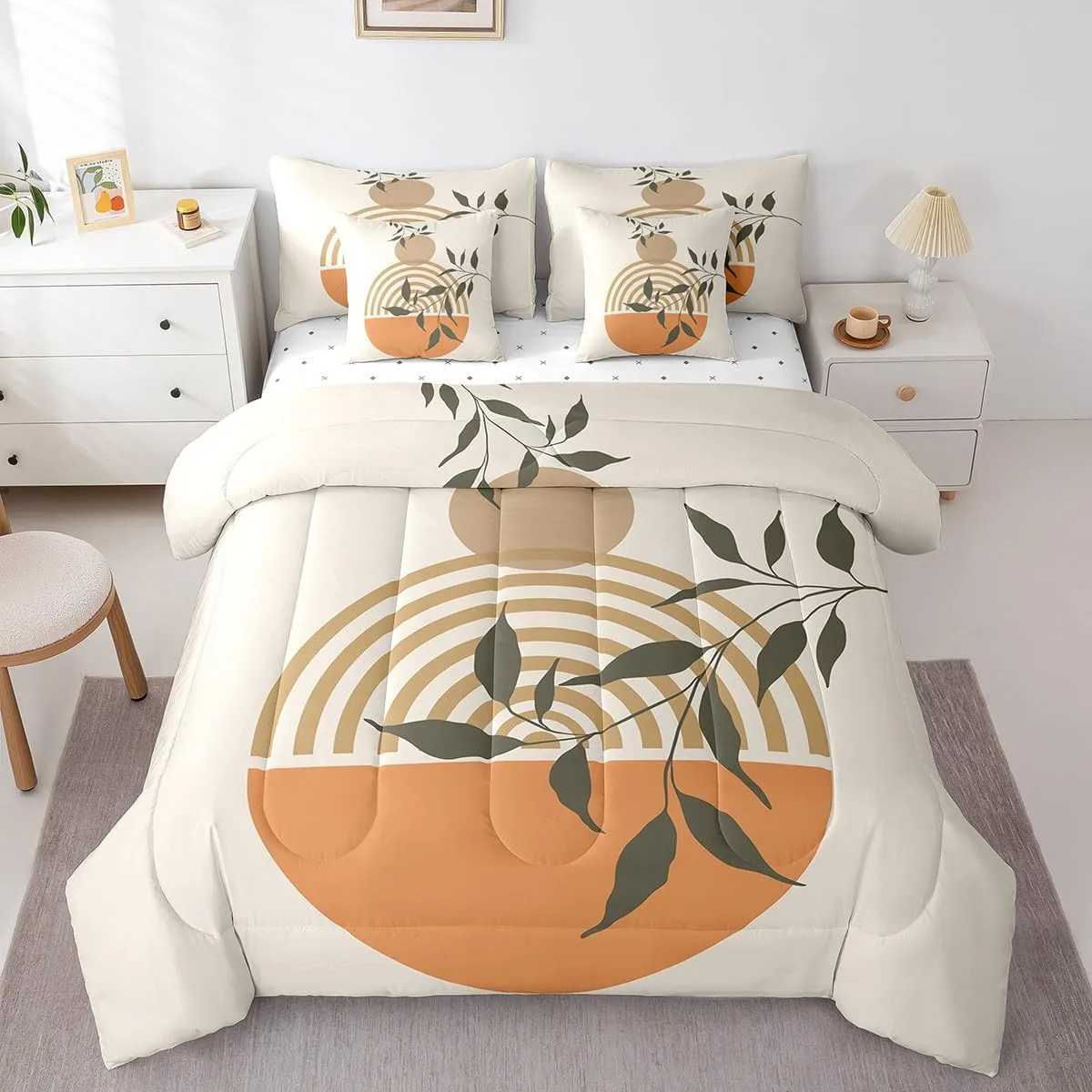 Erosebridal Sun Moon Bedding Set Twin Bohemian Leaves 7 Pcs Comforter Set Girls Kids Teens Women Abstract Exotic Geometric Modern Art Line Sheet Set Bed in A Bag Sunrise Sunset Retro Vintage Duvet Set