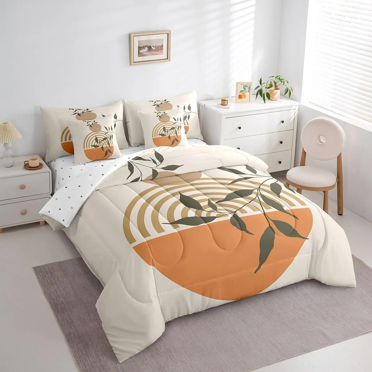 Erosebridal Sun Moon Bedding Set Twin Bohemian Leaves 7 Pcs Comforter Set Girls Kids Teens Women Abstract Exotic Geometric Modern Art Line Sheet Set Bed in A Bag Sunrise Sunset Retro Vintage Duvet Set