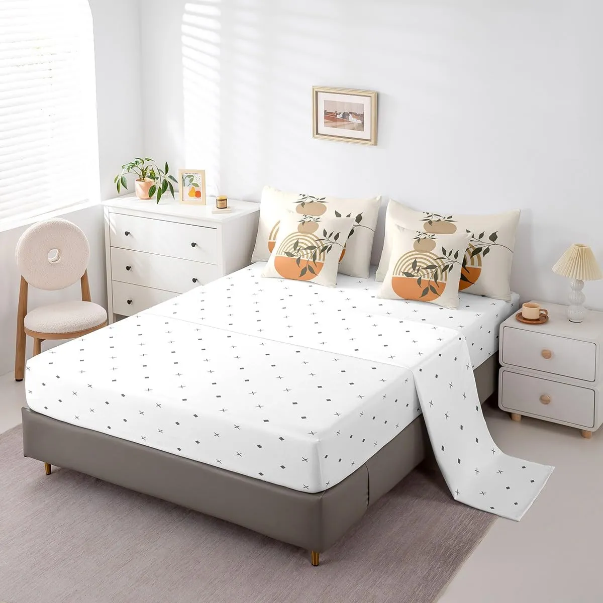 Erosebridal Sun Moon Bedding Set Twin Bohemian Leaves 7 Pcs Comforter Set Girls Kids Teens Women Abstract Exotic Geometric Modern Art Line Sheet Set Bed in A Bag Sunrise Sunset Retro Vintage Duvet Set