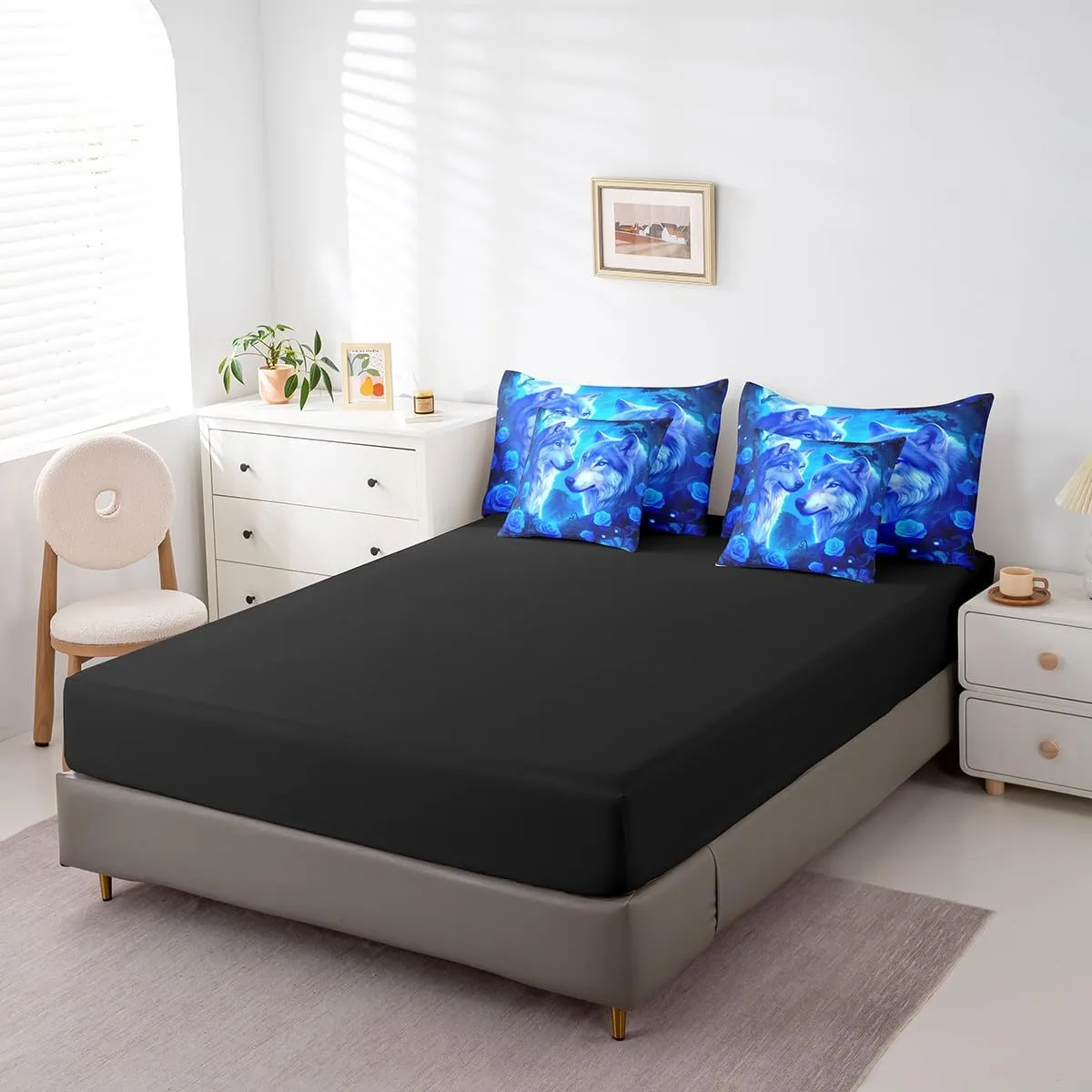 Erosebridal Wolves Family Full Comforter Set 7 Piece for Kids Couple Lovers,Romantic Rose Flower Bed in a Bag with Sheet Set,Moonlight Valentine's Day Bed Sheets,Wildlife Safari Animal Bedding Set