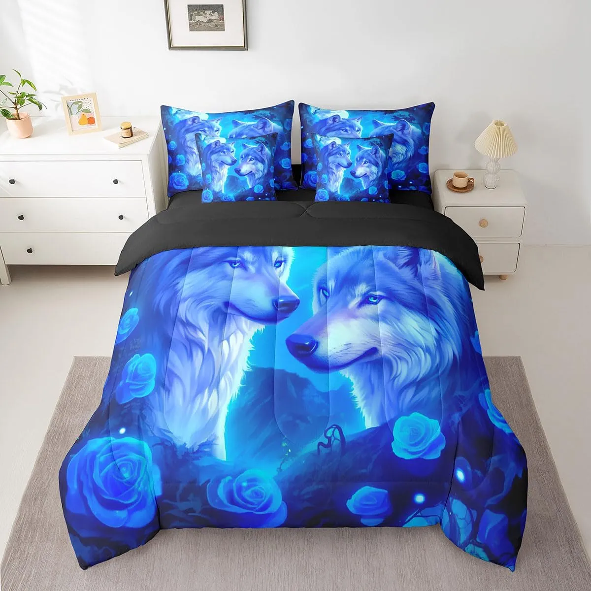 Erosebridal Wolves Family Full Comforter Set 7 Piece for Kids Couple Lovers,Romantic Rose Flower Bed in a Bag with Sheet Set,Moonlight Valentine's Day Bed Sheets,Wildlife Safari Animal Bedding Set
