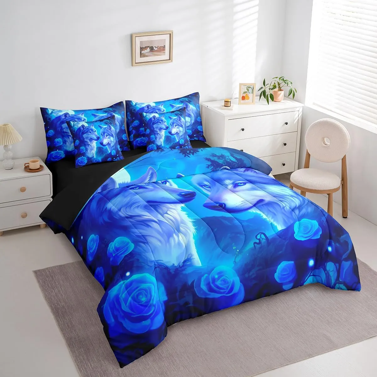 Erosebridal Wolves Family Full Comforter Set 7 Piece for Kids Couple Lovers,Romantic Rose Flower Bed in a Bag with Sheet Set,Moonlight Valentine's Day Bed Sheets,Wildlife Safari Animal Bedding Set
