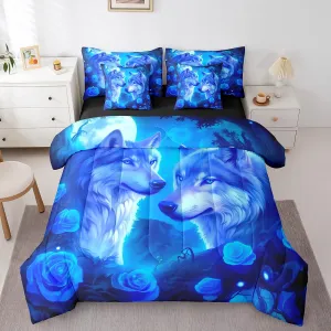 Erosebridal Wolves Family Full Comforter Set 7 Piece for Kids Couple Lovers,Romantic Rose Flower Bed in a Bag with Sheet Set,Moonlight Valentine's Day Bed Sheets,Wildlife Safari Animal Bedding Set