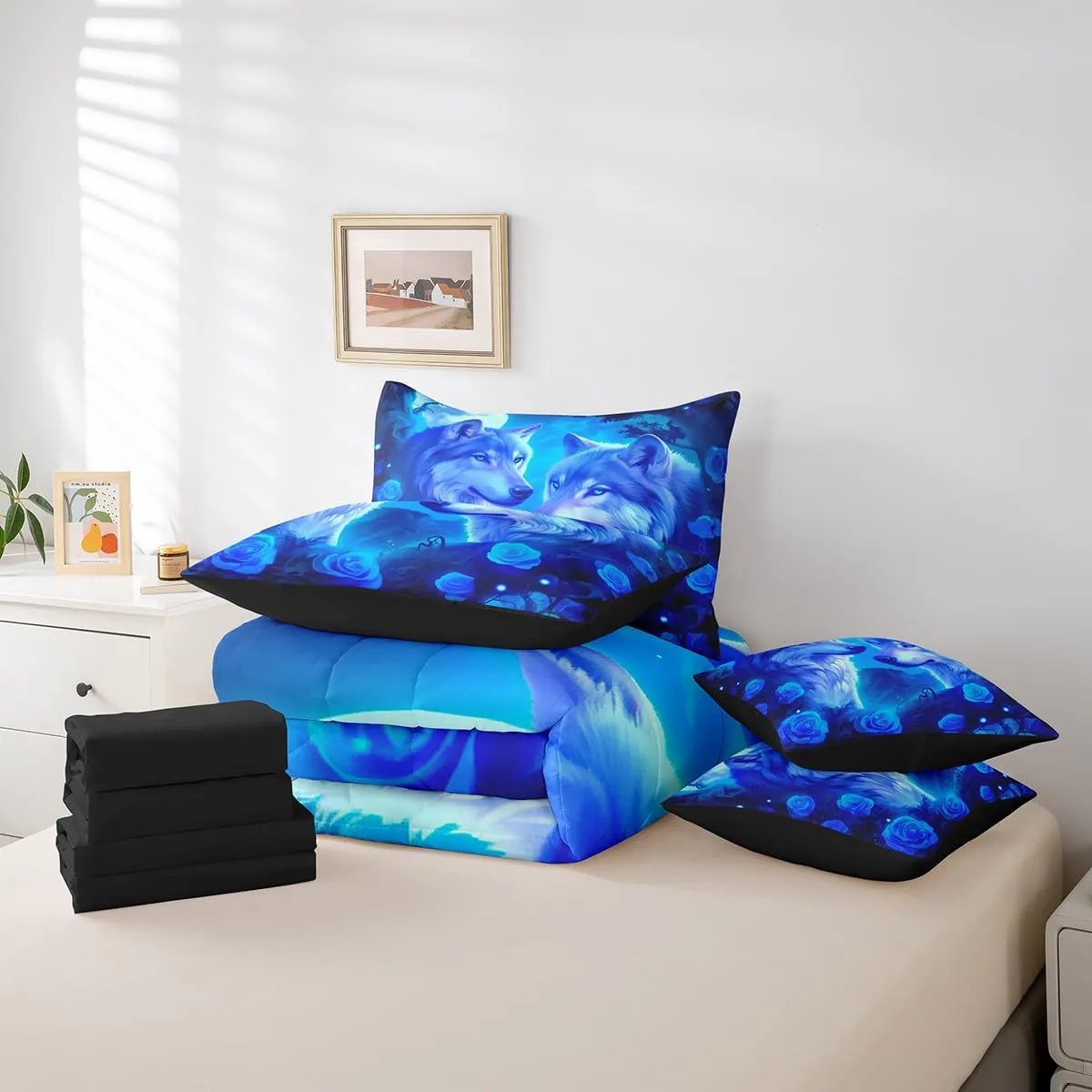 Erosebridal Wolves Family Full Comforter Set 7 Piece for Kids Couple Lovers,Romantic Rose Flower Bed in a Bag with Sheet Set,Moonlight Valentine's Day Bed Sheets,Wildlife Safari Animal Bedding Set