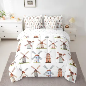 Erosebridal Wooden Windmill 7Pcs Comforter Set King, Stone Mill Bedding, Holland Building European Rural Structure Bed in A Bag Sheet Set, Grain Bread Millstones Wheat Vintage Architecture Quilt