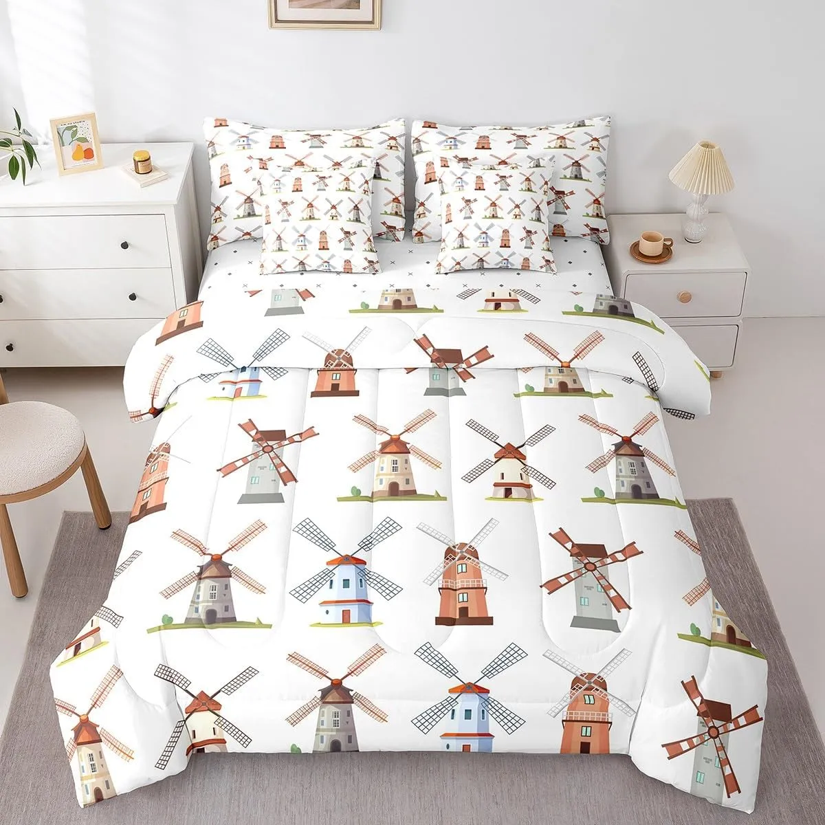 Erosebridal Wooden Windmill 7Pcs Comforter Set King, Stone Mill Bedding, Holland Building European Rural Structure Bed in A Bag Sheet Set, Grain Bread Millstones Wheat Vintage Architecture Quilt