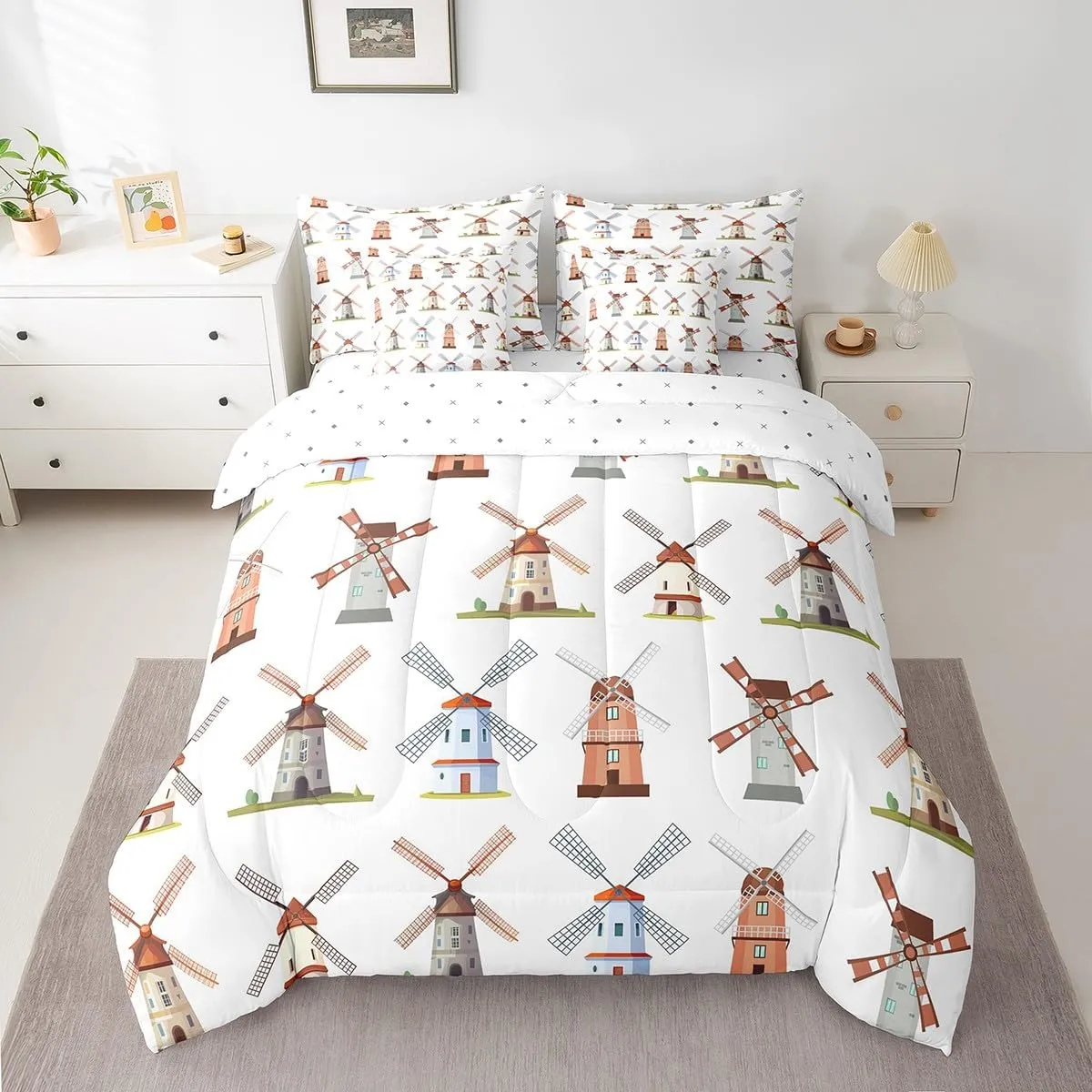 Erosebridal Wooden Windmill 7Pcs Comforter Set King, Stone Mill Bedding, Holland Building European Rural Structure Bed in A Bag Sheet Set, Grain Bread Millstones Wheat Vintage Architecture Quilt