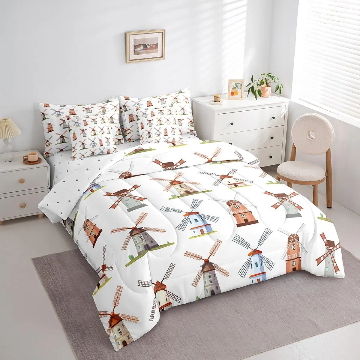 Erosebridal Wooden Windmill 7Pcs Comforter Set King, Stone Mill Bedding, Holland Building European Rural Structure Bed in A Bag Sheet Set, Grain Bread Millstones Wheat Vintage Architecture Quilt