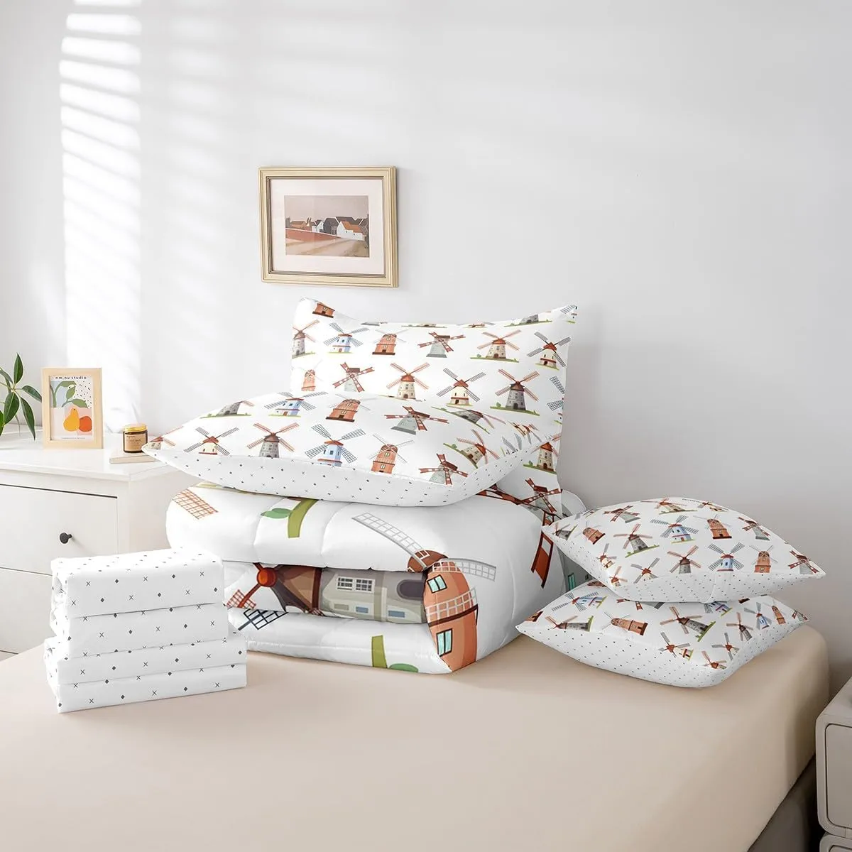 Erosebridal Wooden Windmill 7Pcs Comforter Set King, Stone Mill Bedding, Holland Building European Rural Structure Bed in A Bag Sheet Set, Grain Bread Millstones Wheat Vintage Architecture Quilt