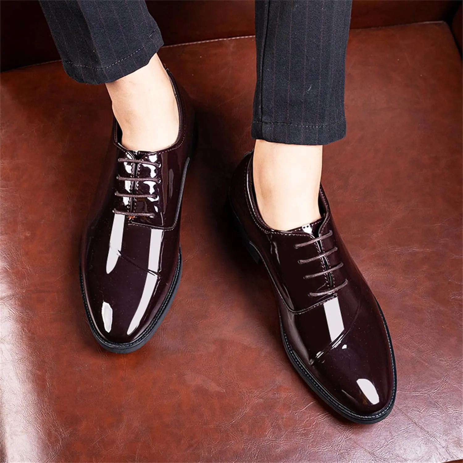 Faux Patent Leather Dress Shoes for Men Classic Lace-up Formal Oxfords Shoes Business Wedding Tuxedo Wingtip Shoes Brown