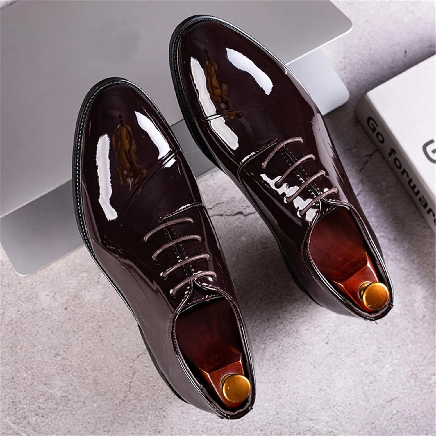 Faux Patent Leather Dress Shoes for Men Classic Lace-up Formal Oxfords Shoes Business Wedding Tuxedo Wingtip Shoes Brown