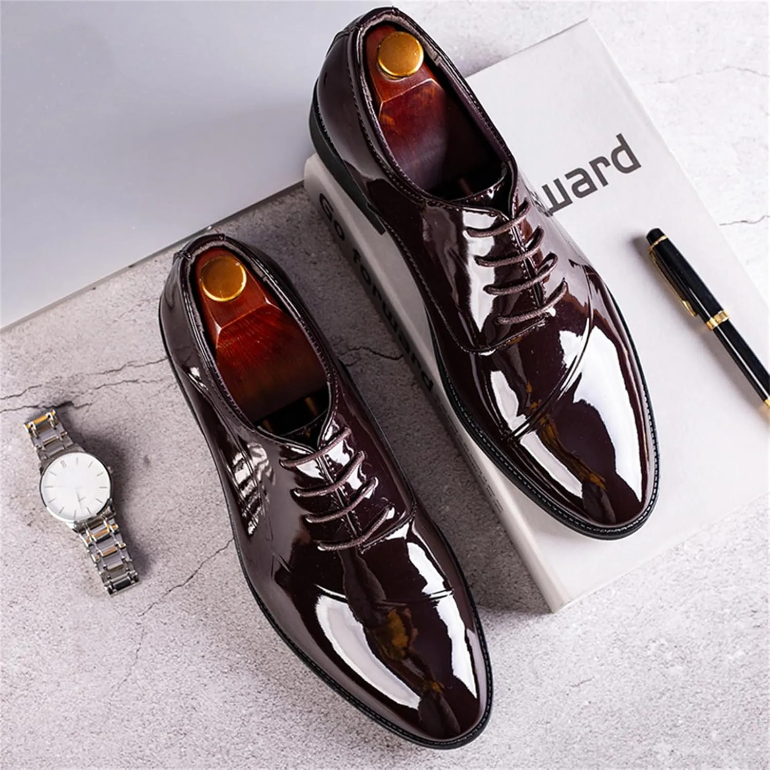 Faux Patent Leather Dress Shoes for Men Classic Lace-up Formal Oxfords Shoes Business Wedding Tuxedo Wingtip Shoes Brown