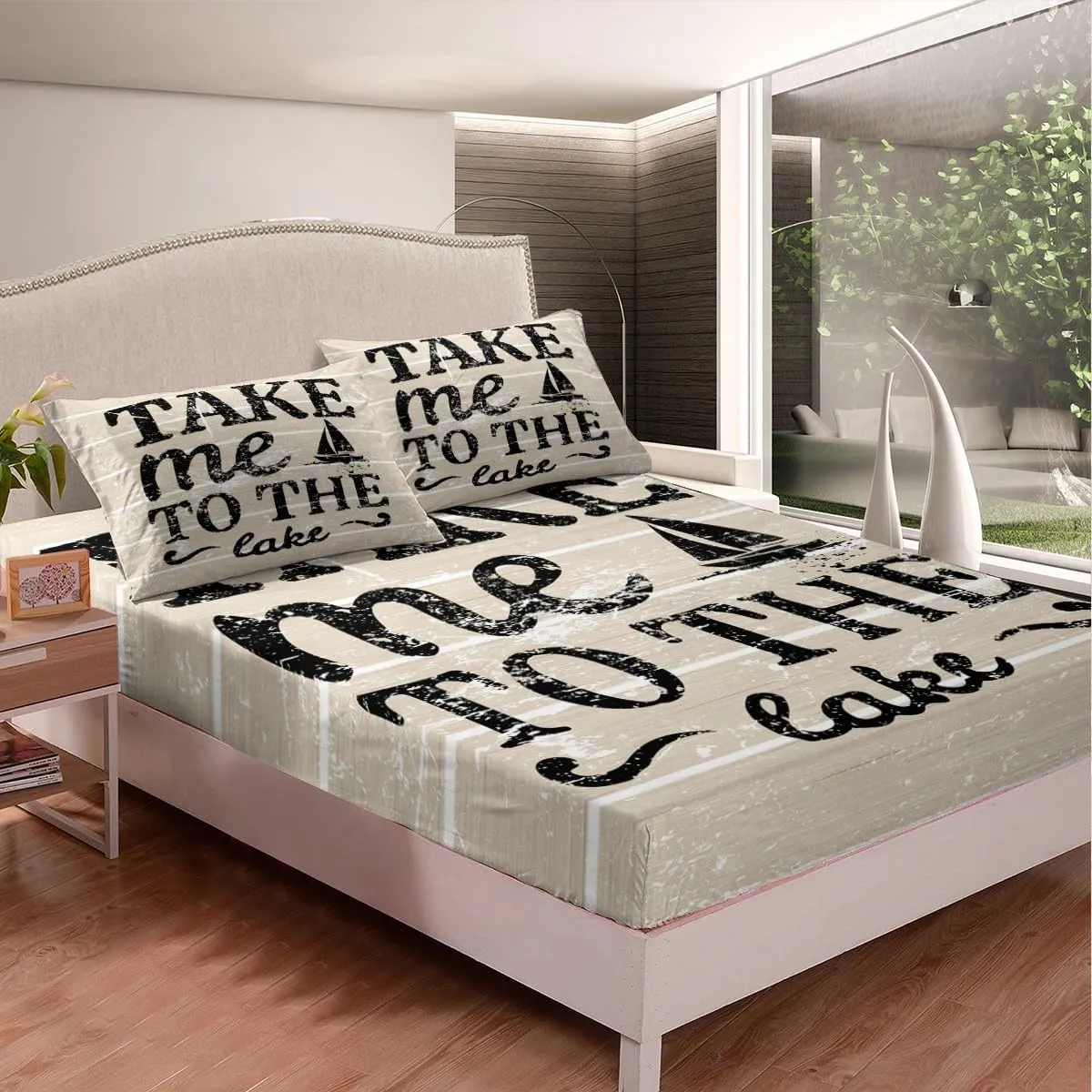 Feelyou Lake Bed Set Lake House Bed Sheets for Kids Boys Girls Camping and Hunting Sheet Set Wooden Plank Bedding Sheets 1 Bed Sheets with 2 Pillowcases Queen Size