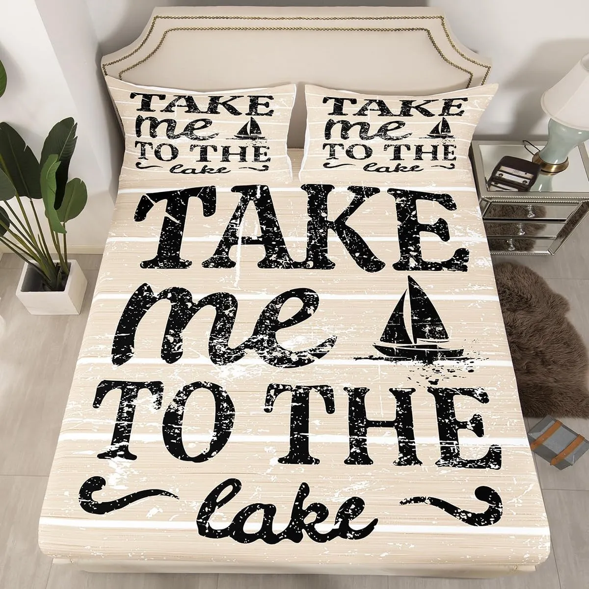 Feelyou Lake Bed Set Lake House Bed Sheets for Kids Boys Girls Camping and Hunting Sheet Set Wooden Plank Bedding Sheets 1 Bed Sheets with 2 Pillowcases Queen Size