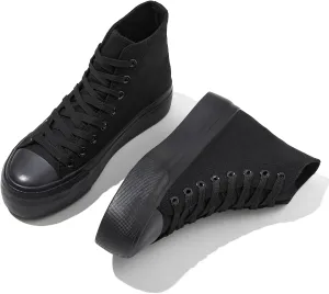 FINIWOR High Top Platform Sneakers for Women,Classic Black and White Canvas Shoes Womens Lace-up High Top Tennis Shoes