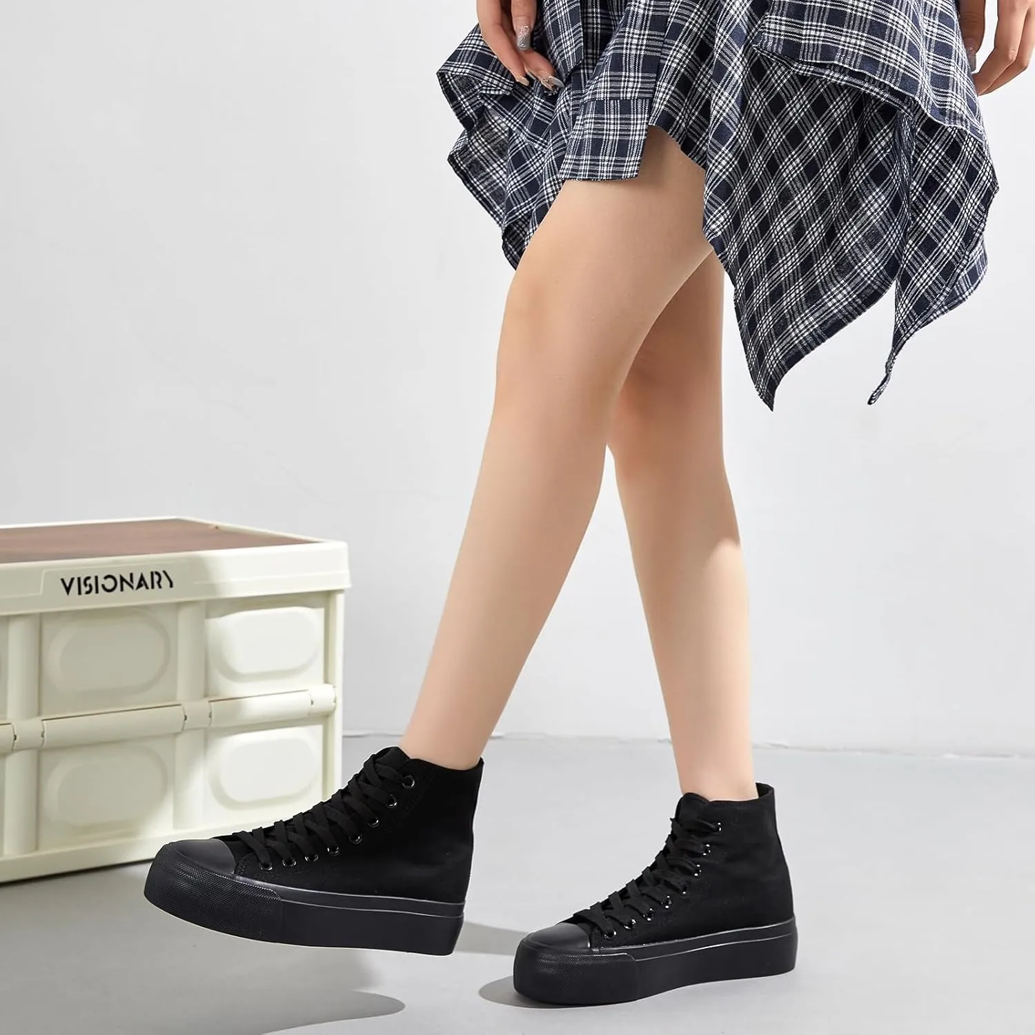 FINIWOR High Top Platform Sneakers for Women,Classic Black and White Canvas Shoes Womens Lace-up High Top Tennis Shoes