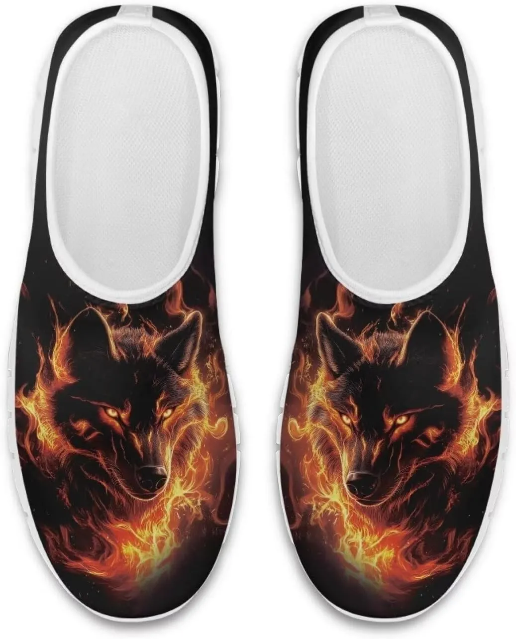 Fire Wolf Pattern Men's Road Rumning Shoes Slip On Casual Knit Loafers Lightweight Comfort Fashion Sneaker（White Sole）