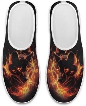 Fire Wolf Pattern Men's Road Rumning Shoes Slip On Casual Knit Loafers Lightweight Comfort Fashion Sneaker（White Sole）