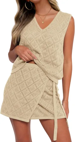 Fisoew Womens 2 Piece Crochet Swimsuit Cover Ups Sleeveless V Neck Tank Tops Wrap Skirt Sets Beach Vacation Outfits