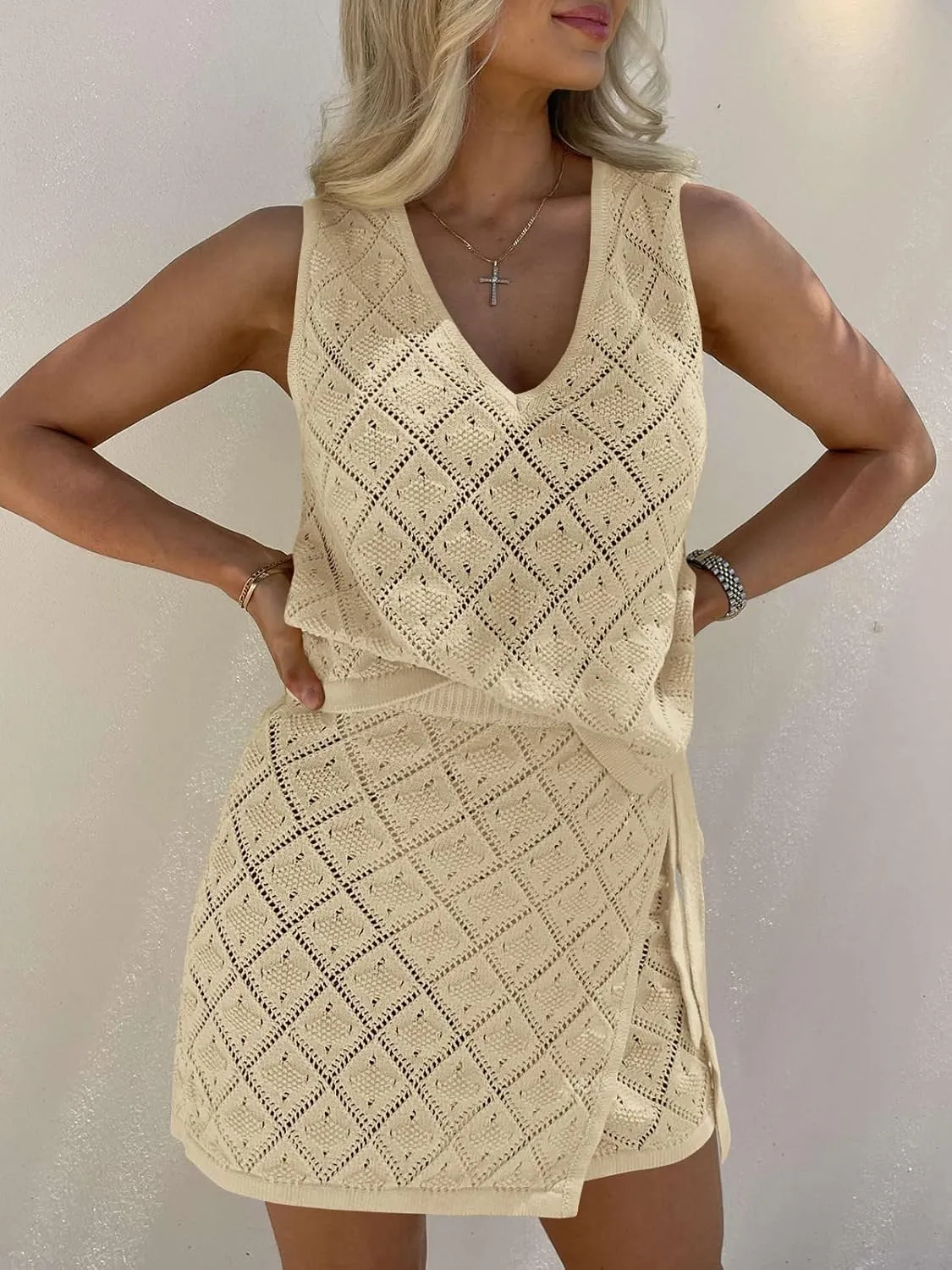 Fisoew Womens 2 Piece Crochet Swimsuit Cover Ups Sleeveless V Neck Tank Tops Wrap Skirt Sets Beach Vacation Outfits