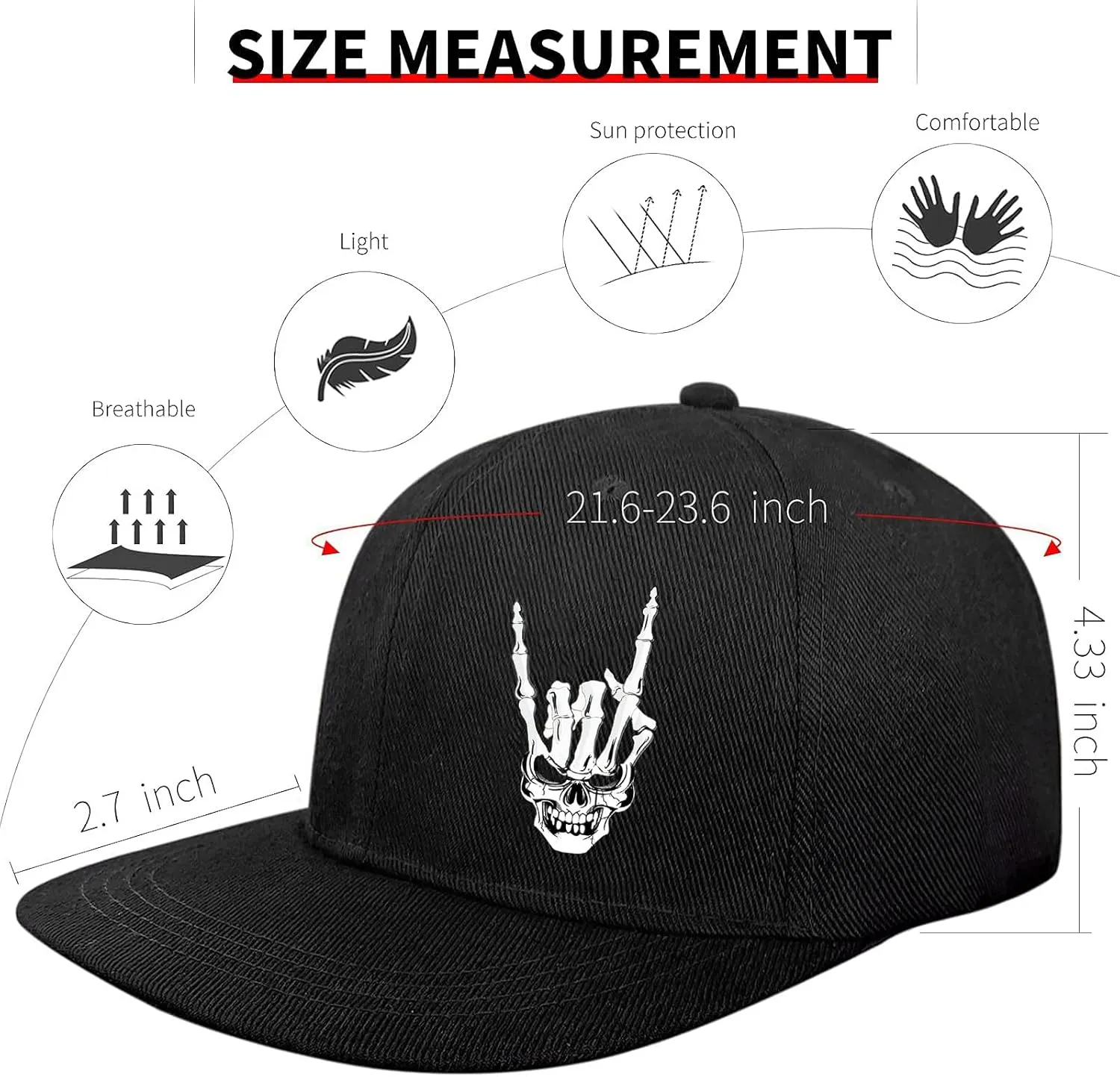 Flat Bill Hats for Men Snapback Hats Skull Skeleton Hat Flat Brim Fitted Hat Adjust Black Baseball Caps for Men
