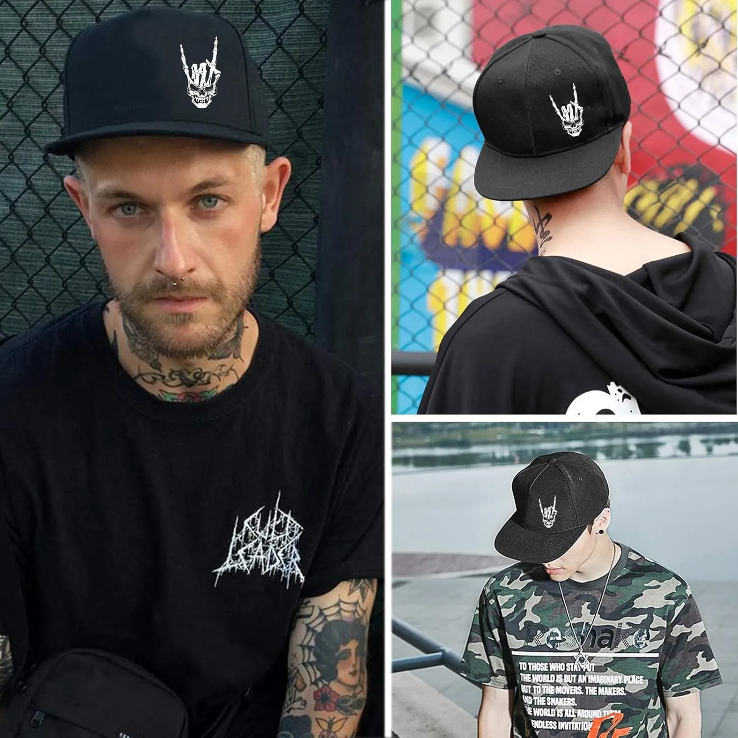 Flat Bill Hats for Men Snapback Hats Skull Skeleton Hat Flat Brim Fitted Hat Adjust Black Baseball Caps for Men