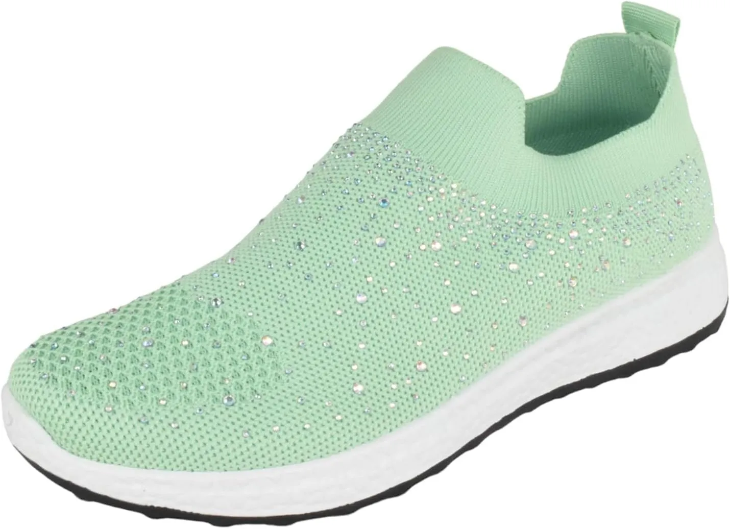 Flat Women Slip-On Sneakers Comfortable Sport Walking Running Shoes Rhinestone Bling Studs Elastic Breathable Knit Anti-Slip Resistant Labor-8