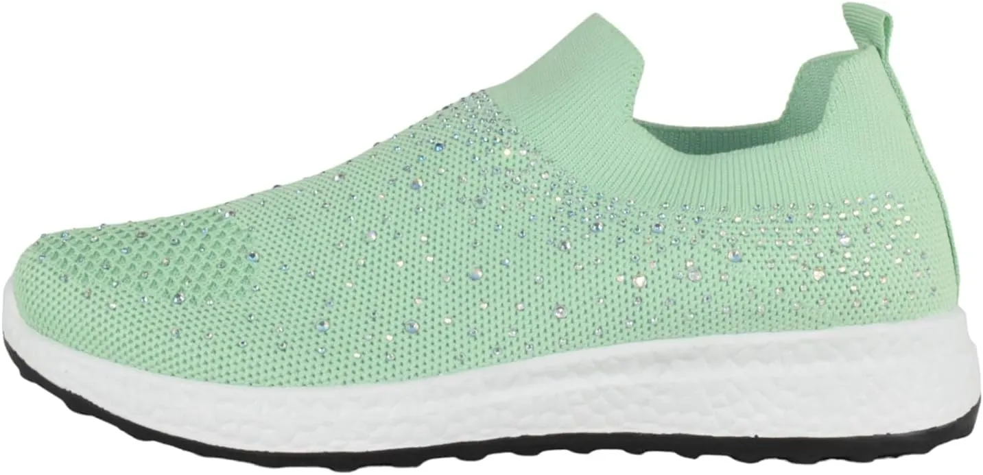 Flat Women Slip-On Sneakers Comfortable Sport Walking Running Shoes Rhinestone Bling Studs Elastic Breathable Knit Anti-Slip Resistant Labor-8