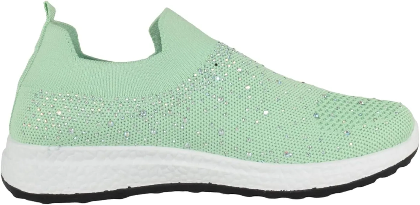 Flat Women Slip-On Sneakers Comfortable Sport Walking Running Shoes Rhinestone Bling Studs Elastic Breathable Knit Anti-Slip Resistant Labor-8